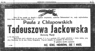 Nekrolog Pauli z Chłapowskich Jackowskiej zamieszczony w „Kurierze Poznańskim” nr 166 z 19.11.1922 r.